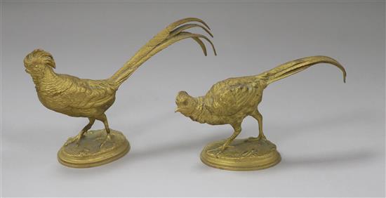 A pair of ormolu models of a cock and hen pheasant Length 16.5cm